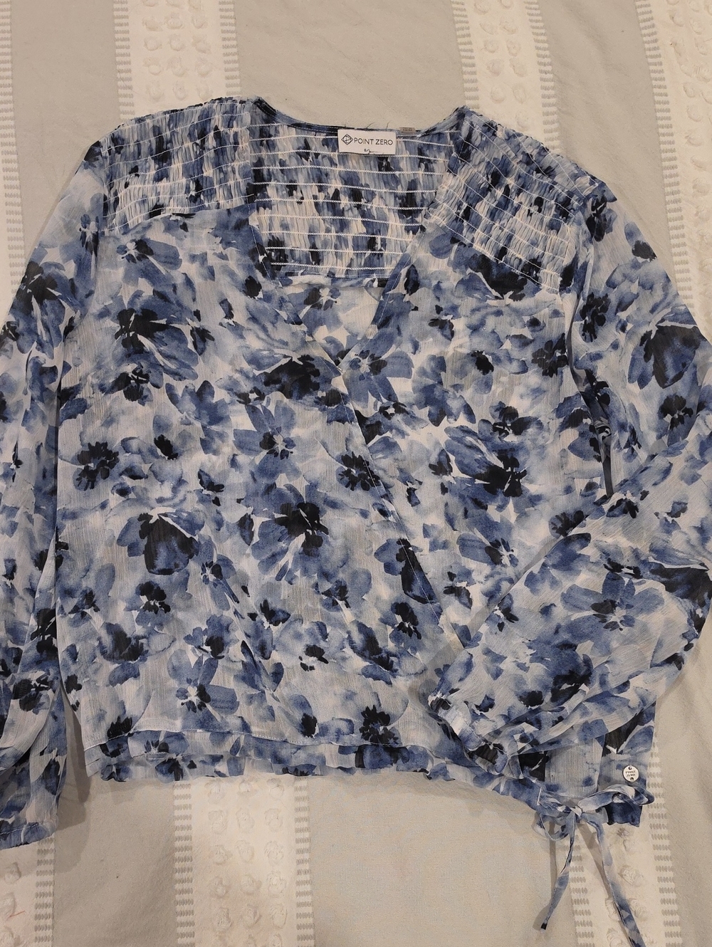 Point Zero Blue and Black Floral V-Neck Long Sleeve Blouse